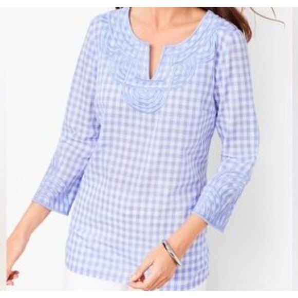 Talbots EMBROIDERED GINGHAM POPOVER Blue & White 3/4 Sleeve V-Neck Size Large - Picture 1 of 8